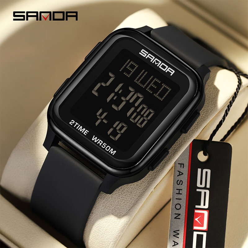 SANDA Men's Student Waterproof Luminous Large Digital Timer Watch for Middle School, High School, Children And Teenagers, Electronic Watch 6211 Black