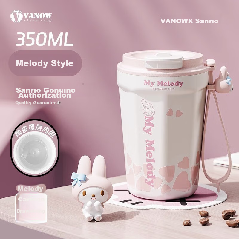 Vanow Coffee Insulated Mug for Women with Straw, Ceramic Inner Liner, Portable Cup, Sanrio Kuromi Collaboration 2023 Edition