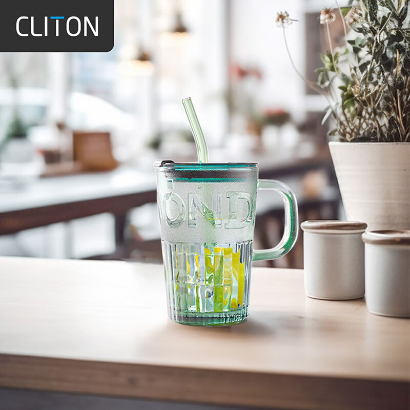 CLITON Embossed Glass Straw Cup Office Water Cup Coffee Cup Men and Women Student Water Cup Tea Cup Large Capacity 400ml