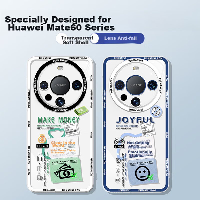 XP Suitable for Huawei Mate60 Pro Phone Case, Full Lens Protection, Mate60 Pro+ Transparent Soft Case, Heat Dissipation Silicone, Cartoon Creative Design, for Men And Women, Shockproof - White Frame, 