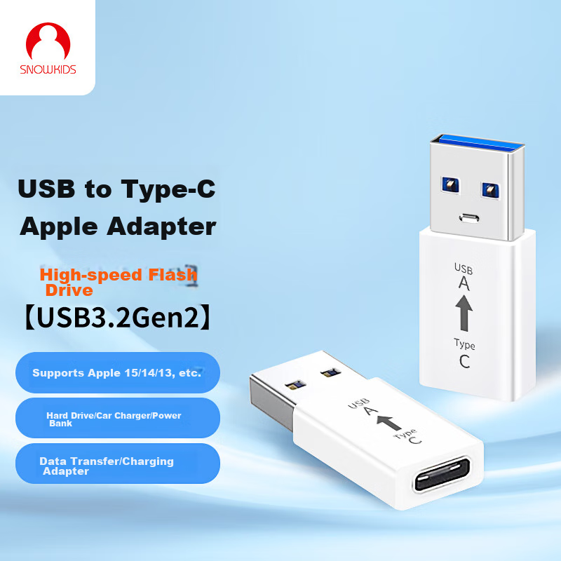 Snowkids USB to Type-C Adapter, OTG Apple Data Cable Converter, IPhone 16 Pro Max Fast Charging, Type-C Port Converter, Car Carplay, Xiaomi, Huawei