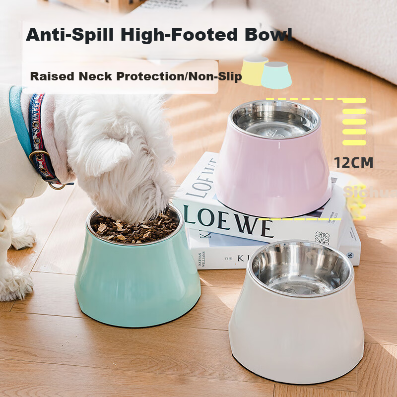 SUPER DESIGN Elevated Dog Bowl Pet Feeder Cat Bowl Dog Bowl Protecting Neck Spine Dog Food Bowl White M Size