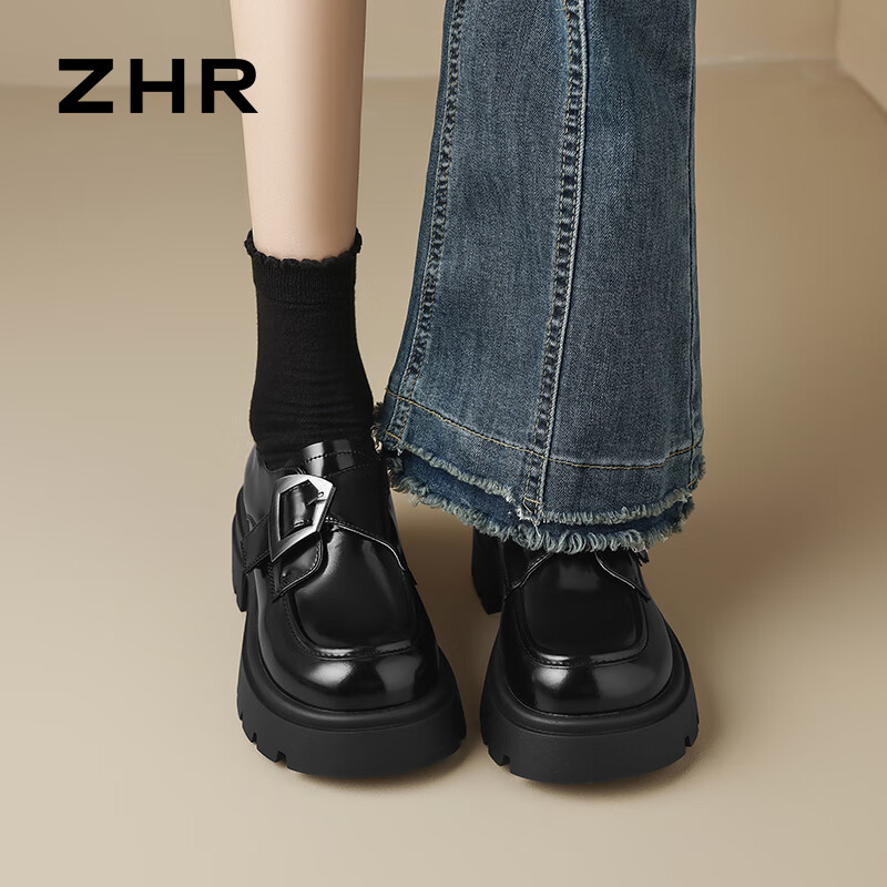 ZHR Thick-soled Single Shoes Women's Retro Lightweight Velcro Loafers British Commuter Leather Shoes with Skirt JF172 Black 39