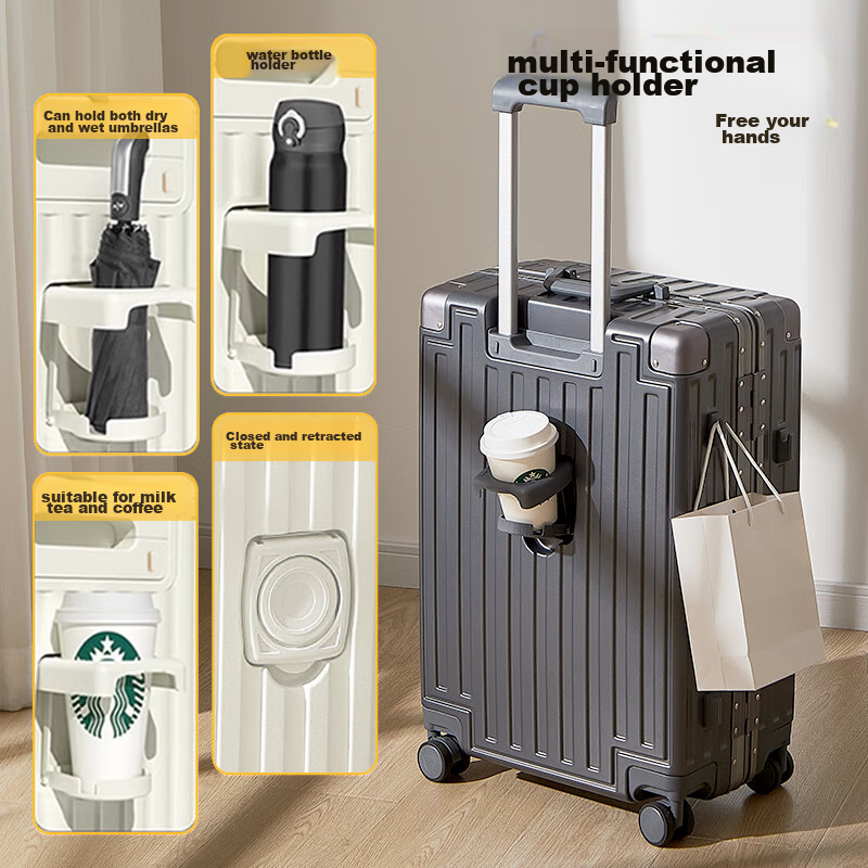 SOO Aluminum Frame Suitcase, Stylish Trolley Case, Durable Travel Luggage, Password Lock, Leather Suitcase with Cup Holder, Gray, 26 Inches