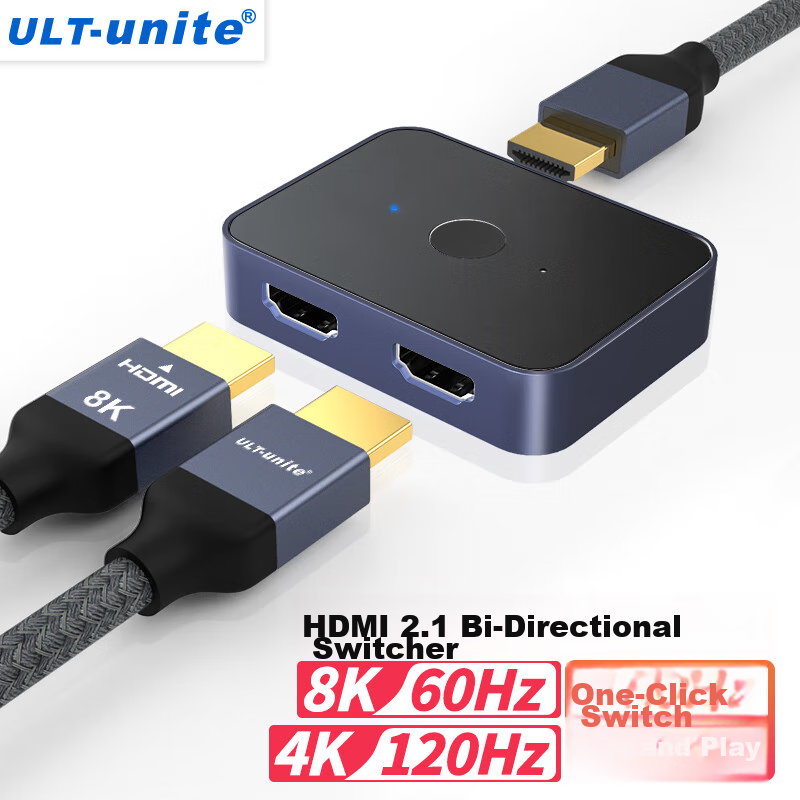ULT-Unite HDMI 2.1 Switch, Two-In 8K/60Hz HD Video Distributor, Laptop TV Projector 1-In Dual-Screen Switcher