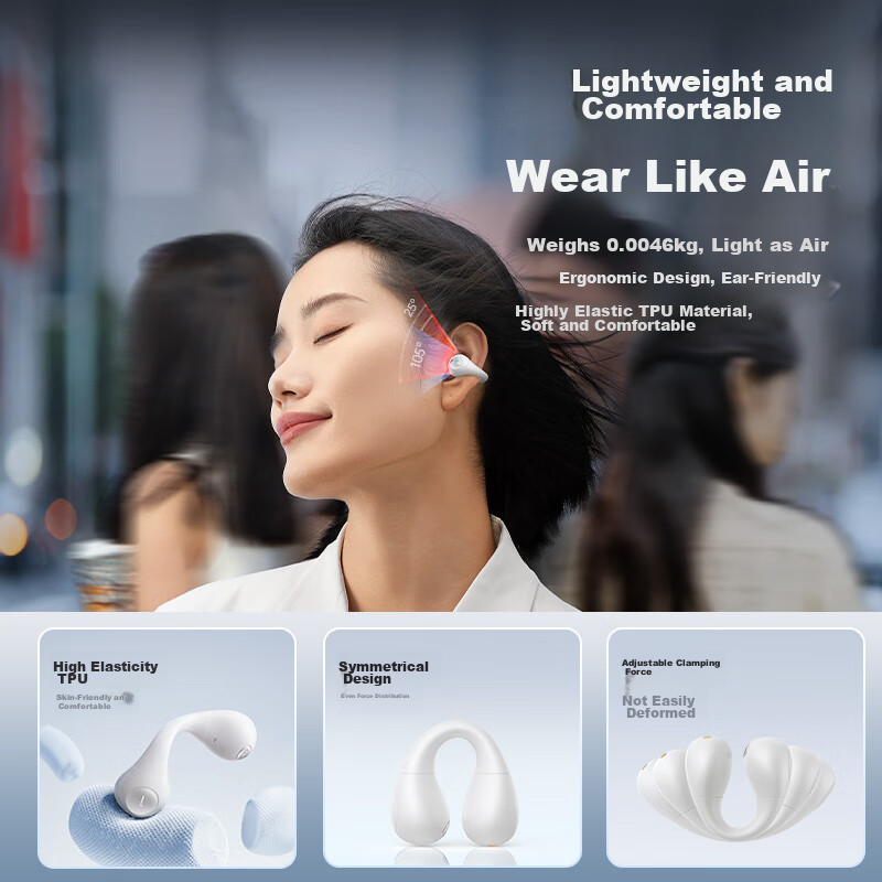 Baseus AS01 Bluetooth Ear Clip, Bone Conduction Headphones Concept, Non-In Open-Ear Hanging Style, Sports Running Gaming Wireless Noise Reduction, Suitable for Huawei Xiaomi, White