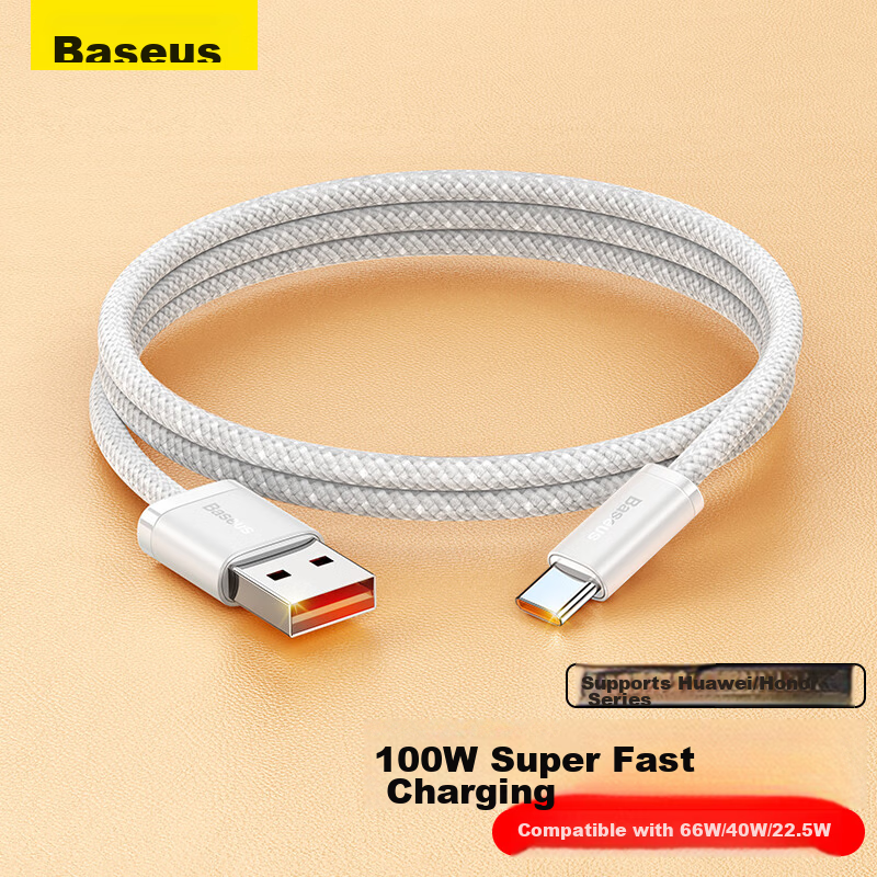 Baseus Type-C Data Cable, Compatible with 100W/66W Huawei Charging Cable, 6A Fast Charging Cable for Mate50pro/p50/40, Honor Super Fast Charging, Android Phone 5A Cable, 1 Meter White