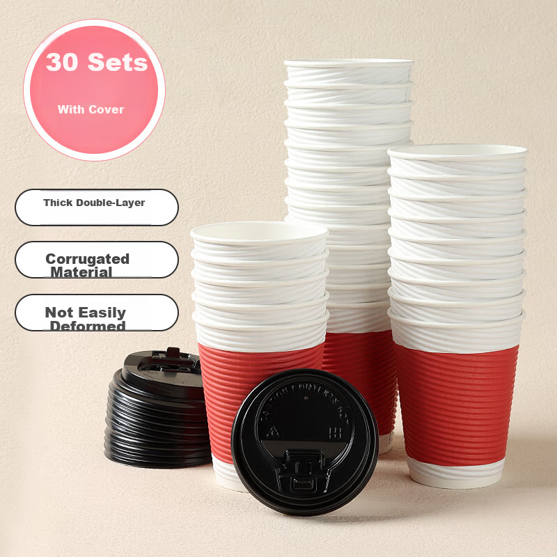 Baijie Disposable Coffee Cups with Lids, Large Size, 30 Sets * 350ml, Double-Layer Corrugated Paper Cups, Anti-Scalding, Milk Tea Cups