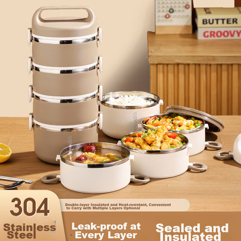 Beisesi Stainless Steel Insulated Lunch Box with Dividers, Three-Layer Food Container, Round Bento Box for Students And Office Workers, Milk Coffee Color