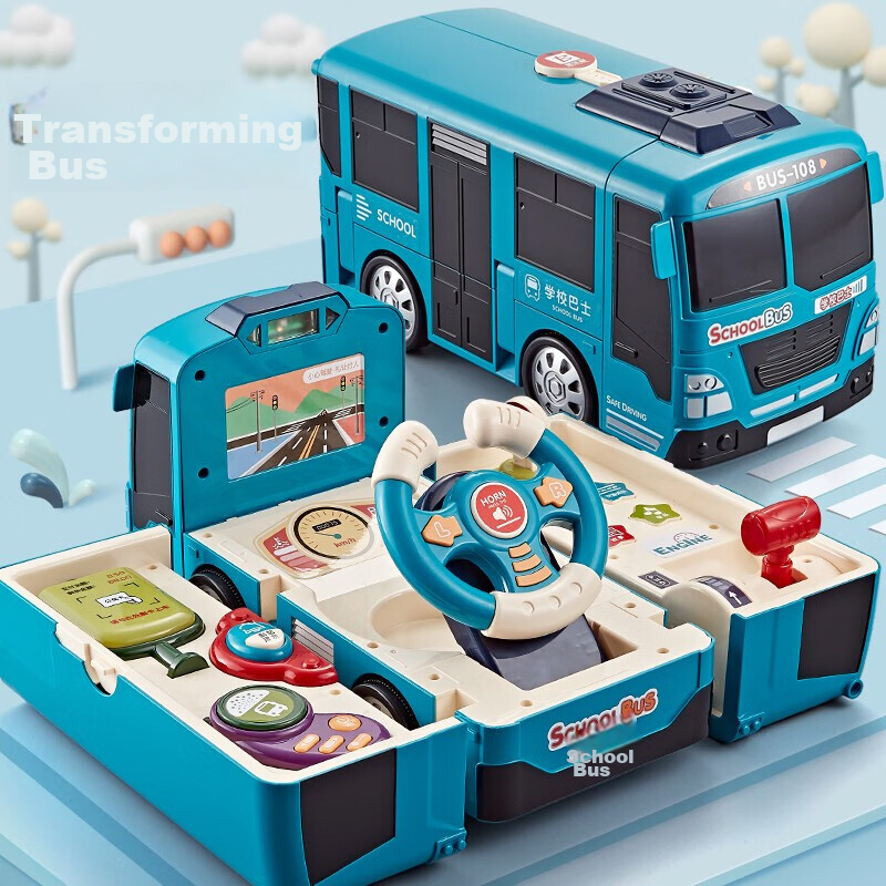 Baolexing Children's Educational Toy Car, Transformable Bus, Pretend Play Toy, Birthday Gift for Boys And Girls, Blue
