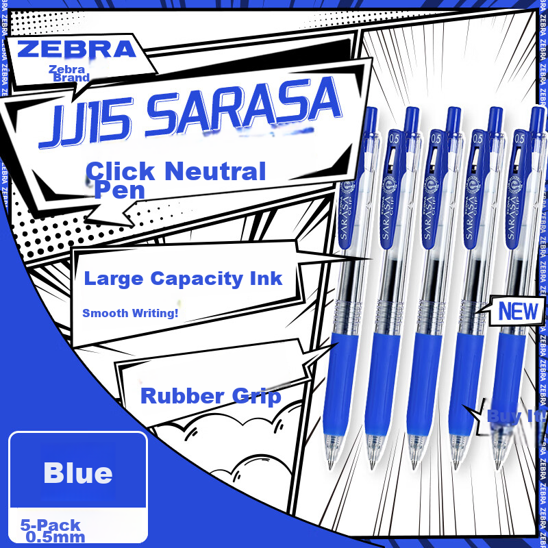 ZEBRA JJ15 Retractable Gel Pen, Signature Pen, 0.5mm Bullet Tip Gel Ink Pen, Student Colorful Journal Pen, Blue, 5-Pack