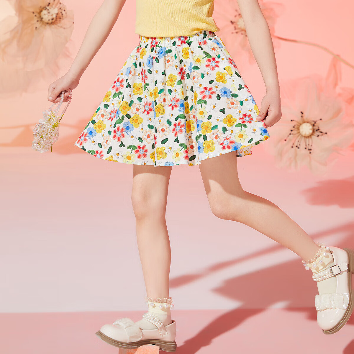 ASK JUNIOR Girls' Shorts, Summer 2025, for Older Children, All-Over Floral Print, Fresh Skirt Shorts, Beach Style, Floral Pattern, Size 150