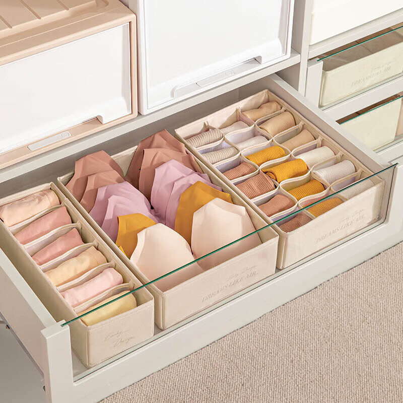 EACHY Underwear Storage Box, Sock Organizer, Drawer-Style Compartment for Bras And Panties, Beige - No Grid for Underwear
