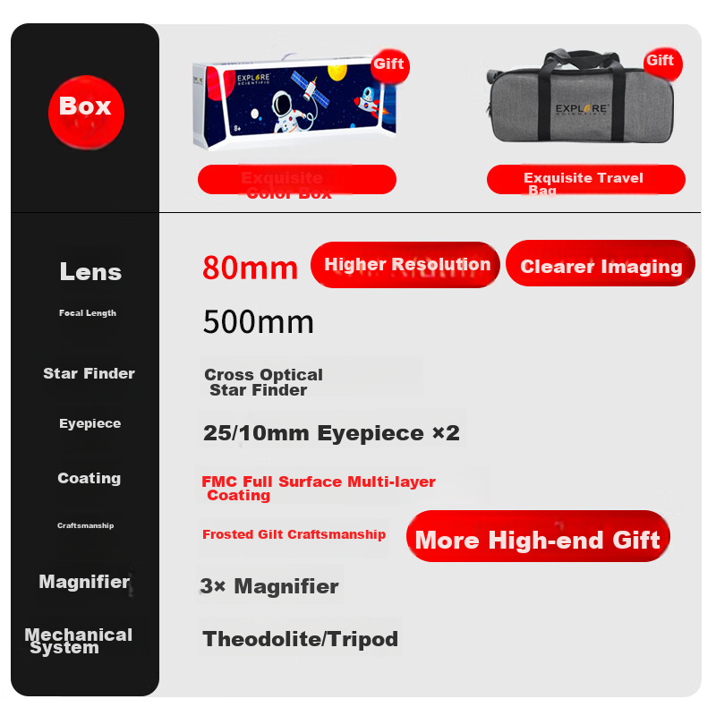 EXPLORE SCIENTIFIC 80500 Astronomical Telescope, Large Aperture, High Magnification, Professional Stargazing, Gift for Boys, Students, Children, And Children's Day