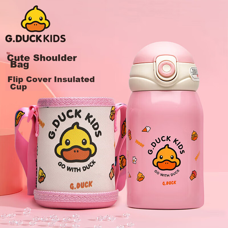 G.DUCKKIDS 450ml Cartoon Insulated Water Bottle with Pop-Up Lid for Kids, 316 Stainless Steel Cartoon Design - Pink