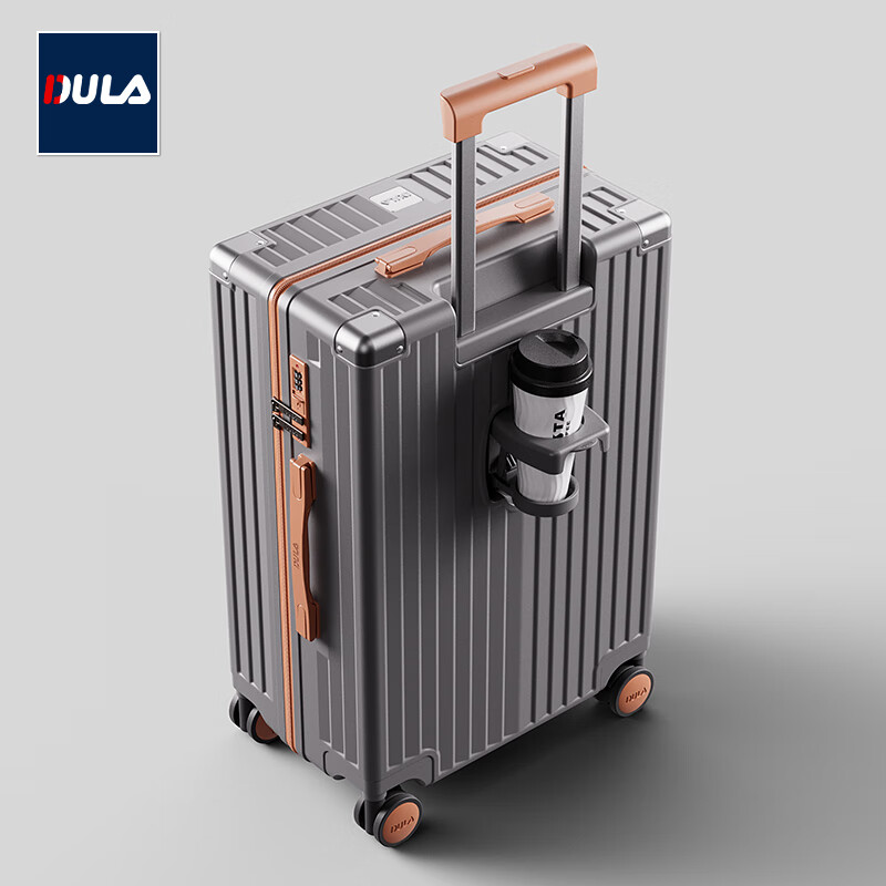 DULA High-Value Suitcase with Cup Holder, Multi-Functional Men's Trolley Case, Women's Travel Case, Password Box, Stylish Gray-Brown, 26 Inches