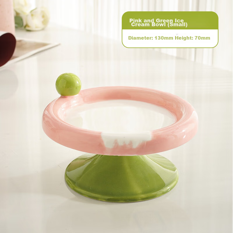 FD.Cattery Cat Bowl Ice Cream Ceramic Cat And Dog Bowl, High-Foot Glazed Easy-To Pink Small Cat Food Can Bowl