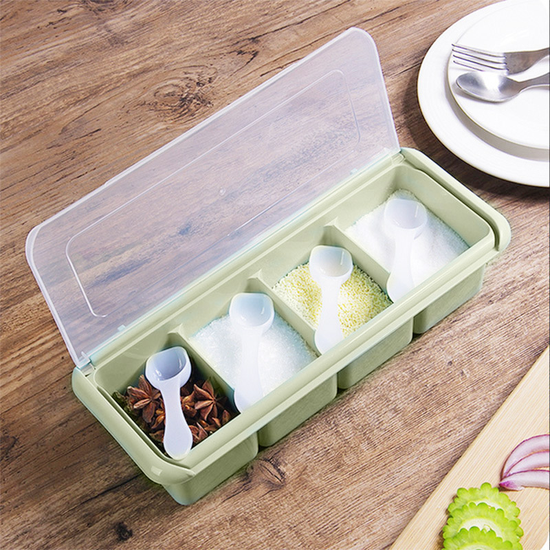 Quanshi Four-Compartment Spice Box, Seasoning Container, Kitchen Salt And Pepper Shaker, Spice Jar, Condiment Container with Spoon, Seasoning Bottle